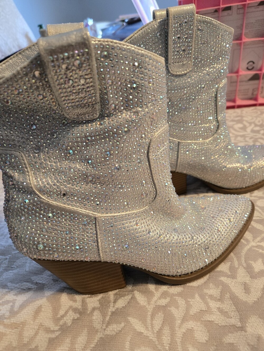 Forever Link White Crystal Embellished Western Ankle Boots
